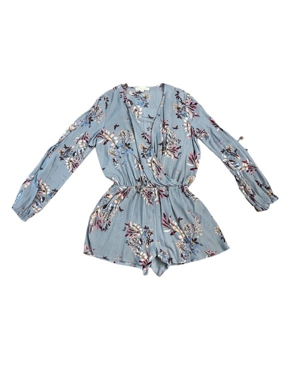. Lovestitch Long Sleeve Blue Romper Floral Short Vneck Women’s Size M